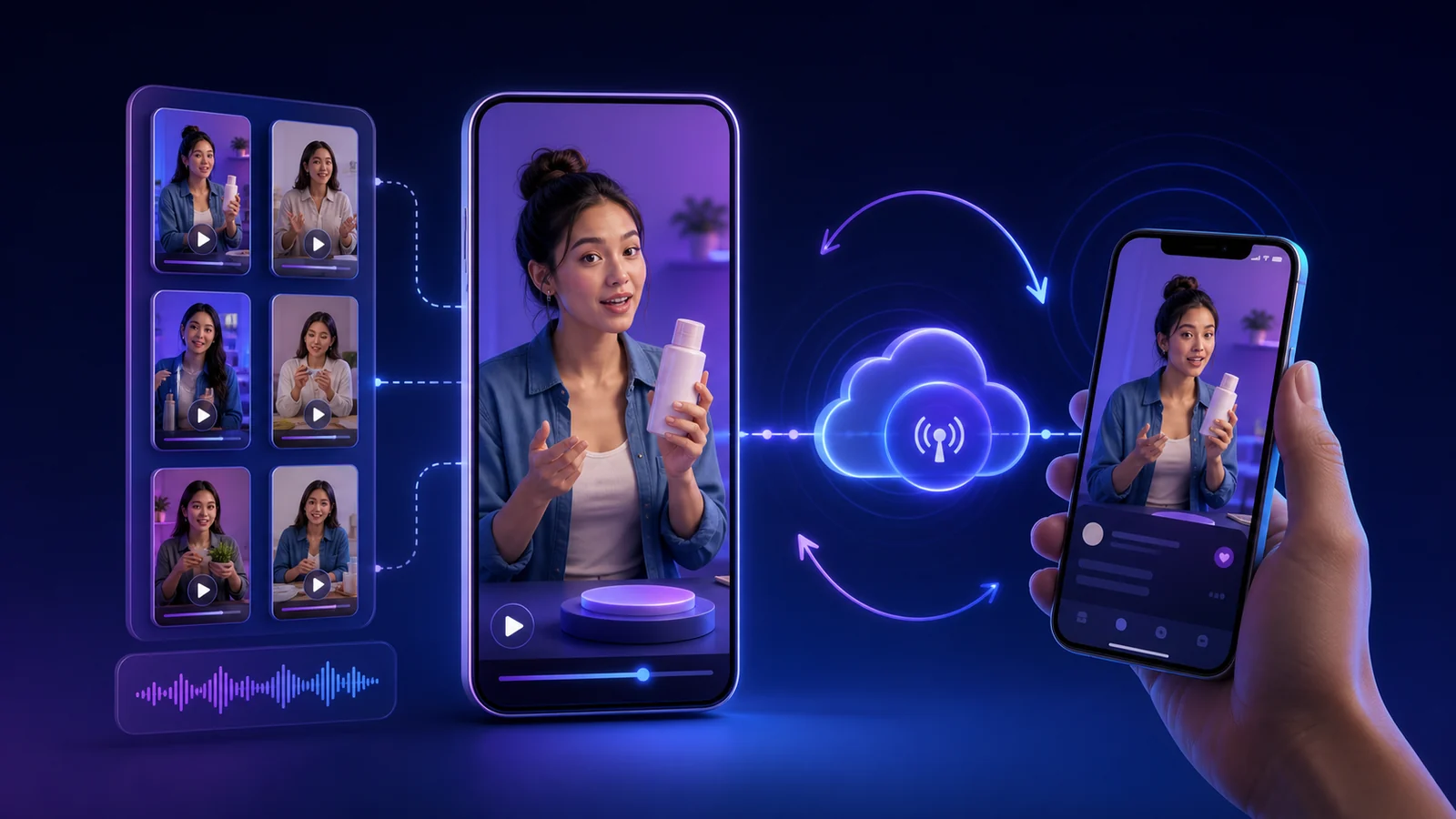Playlist video vertikal disiarkan melalui cloud ke feed live di ponsel